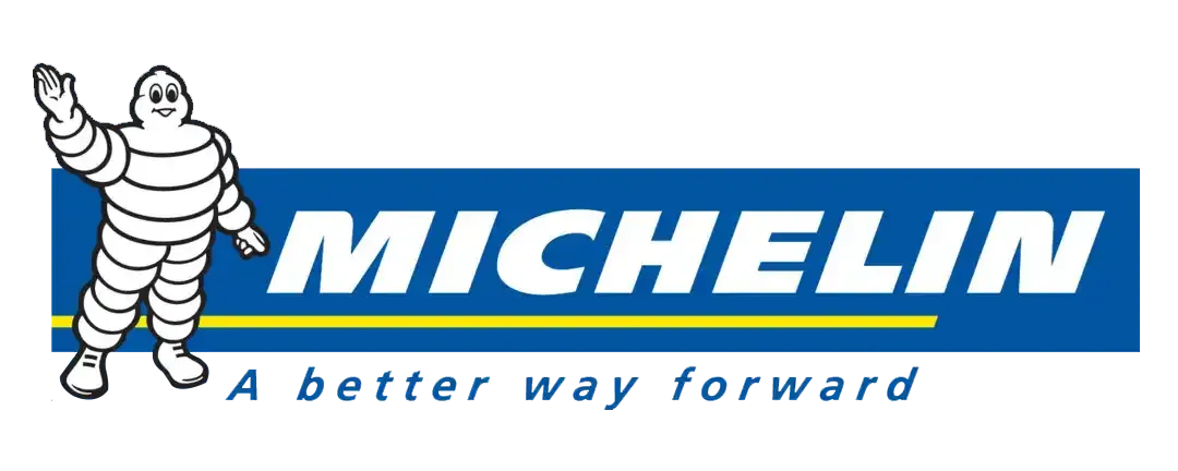 Michelin Man waving next to the word MICHELIN in a blue rectangle.